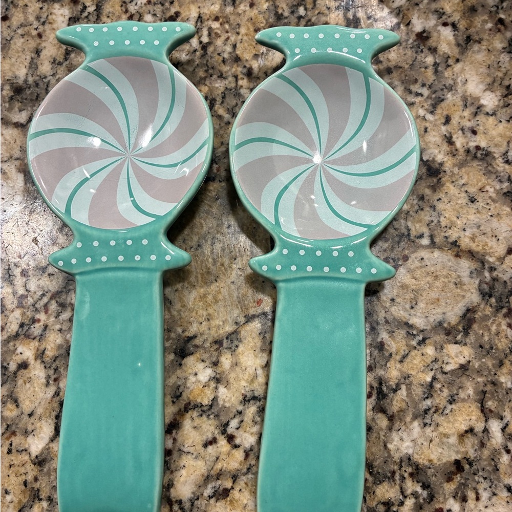 2 New Mint Green and Gray Swirl Ceramic Spoons